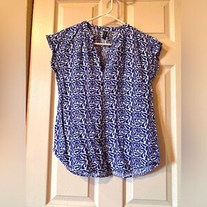 Blue and white coral pattern rayon blouse